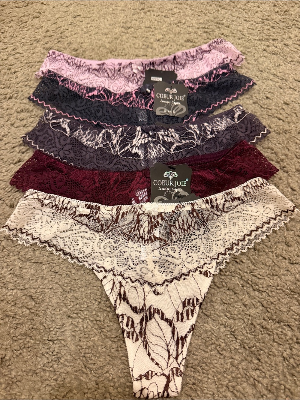 Lace Thong Panties - 5-Pack (Pink, Navy, Purple, Burgundy, Cream)